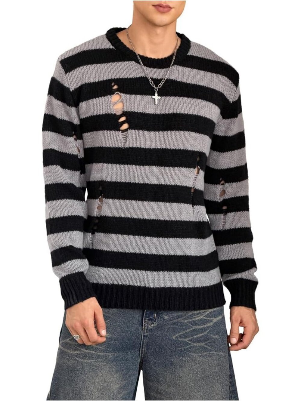 Men's Striped Knit Pullover Sweater, Ripped Drop Shoulder, Cozy Casual Style